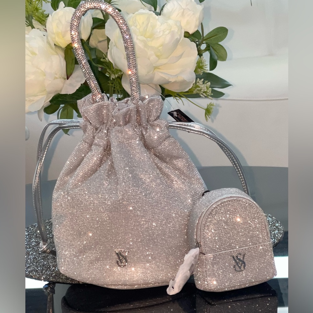 New VS SILVER SHINE Drawstring Bag and mini backpack KEYCHAIN CHARM